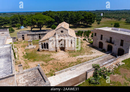 Aerial view of Santa Maria a Cerrate against clear blue sky during sunny day, Lecce, Italy Stock Photo