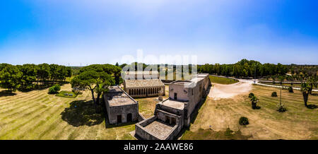 Aerial view of Santa Maria a Cerrate against clear blue sky during sunny day, Lecce, Italy Stock Photo