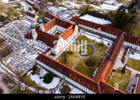 Aerial view over Benedictine monastery Benediktbeuren in winter, Bavaria, Germany Stock Photo