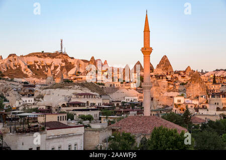 High angle view of Göreme city, Cappadocia against clear sky Stock Photo