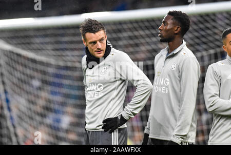 Jamie Vardy of Leicester warms up during the Premier League match between Brighton and Hove Albion and Leicester City at the American Express Community Stadium , Brighton , 23 November 2019 - Photo Simon Dack / Telephoto Images Editorial use only. No merchandising. For Football images FA and Premier League restrictions apply inc. no internet/mobile usage without FAPL license - for details contact Football Dataco  : Stock Photo