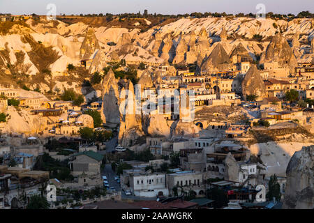 High angle view of Göreme city and national park during sunrise, Cappadocia Stock Photo