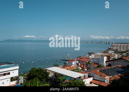 Aerial view of Los Muertos Beach against blue sky in Mexico city, Mexico Stock Photo