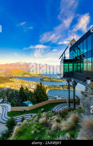 Skyline viewing gallery and luge tracks against sky in Queenstown, South Island, New Zealand