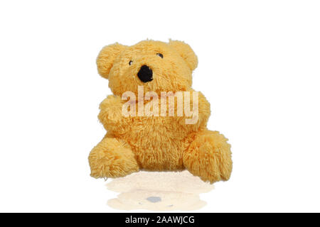 Cute teddy bear isolated on a white background with reflection Bright brown bear Sitting on a white recline Teddy bears stuffed in a white background Stock Photo