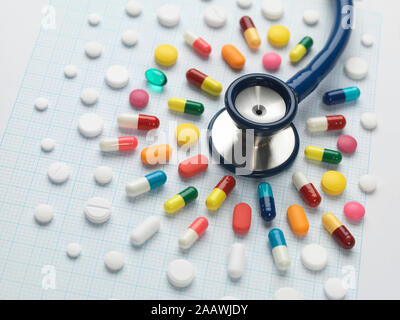 High angle view of colorful medicines arranged around stethoscope on graph paper