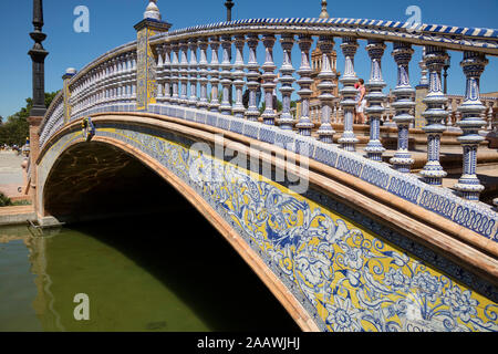 Railing with ceramic tiles over canal at Plaza de Espana, Andalusia, Spain Stock Photo