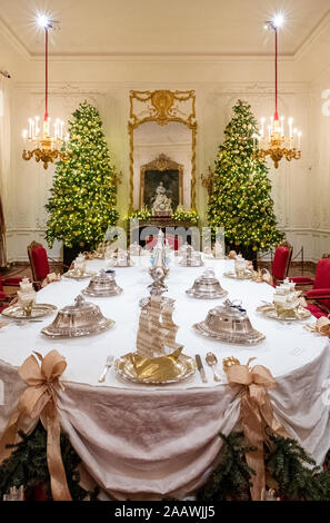 Christmas table decorations of 'Three Kings' theme in the White Drawing Room at Waddesdon Manor