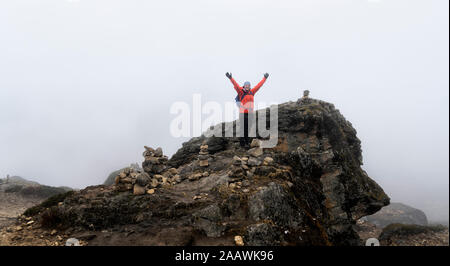 Happy woman raising arms, standing on rock, Himalayas, Solo Khumbu, Nepal Stock Photo