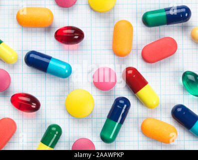 High angle view of various colorful medicines on graph paper
