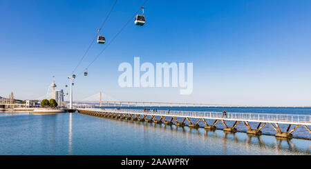 Overhead cable cars over Tagus River against sky in Lisbon, Portugal Stock Photo