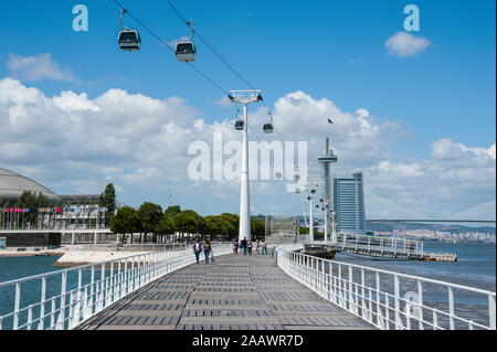 People walking on bridge leading towards Vasco da Gama Tower over river in city against sky, Lisbon, Portugal Stock Photo