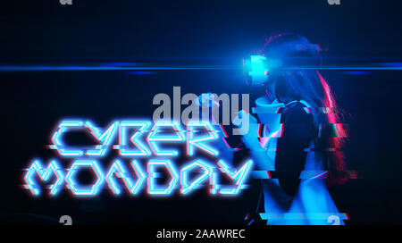 Woman in virtual reality glasses with raised hands on black background with blue inscription. Game concept Stock Photo