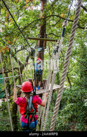 Boy and girl on a high rope course in forest Stock Photo