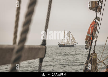 Denmark, Baltic Sea, Traditional sailing ship seen from gaff schooner Stock Photo