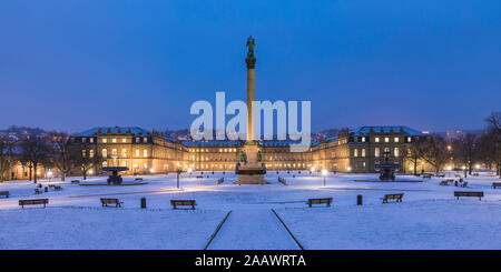 Castle square and Anniversary Column during winter at night in Stuttgart, Germany Stock Photo