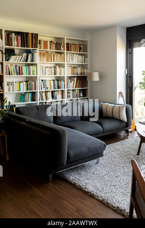 Couch and bookshelf in cozy living room Stock Photo