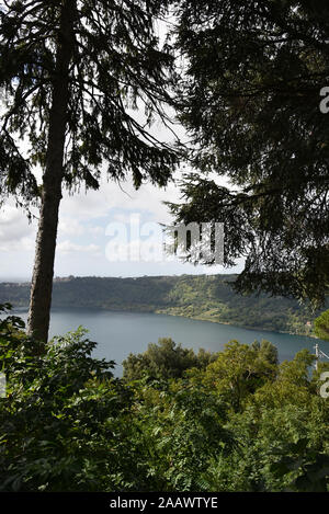 Panoramic view of the lake of Nemi. A nice little town in the metropolitan city of Rome, on the hill overlooking the Lake Nemi, a volcanic crater lake Stock Photo