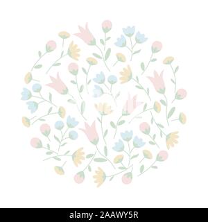 Round floral ornament with wildflowers in pastel colors. Summer floral pattern isolated on white background. Vector illustration EPS10 Stock Vector