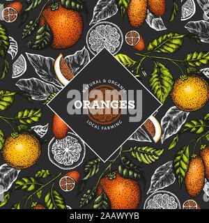 Citrus design template. Hand drawn vector color fruit illustration on dark background. Retro citrus banner. Stock Vector