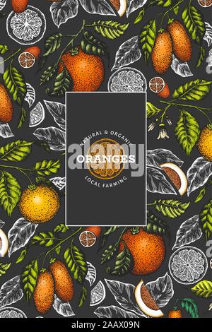 Citrus design template. Hand drawn vector color fruit illustration on dark background. Retro citrus banner. Stock Vector
