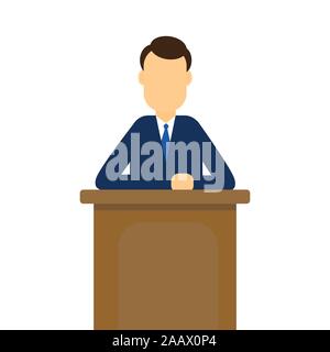 Businessman talking on Podium. Man Speaker standing behind rostrum. For business and Political concept. Flat Vector Illustration. Stock Vector