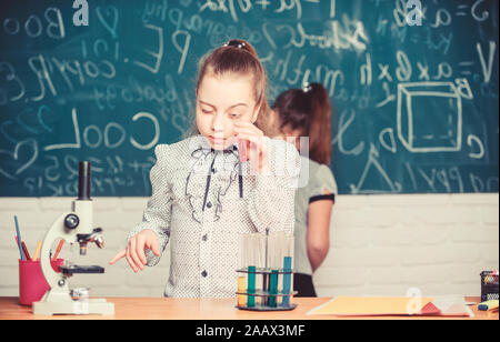 School classes. Biology and chemistry lessons. Observe chemical reactions. Chemical reaction much more exciting than theory. Girls working chemical experiment. Natural science. Educational experiment. Stock Photo