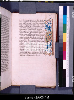 Explicit Listed in De Ricci, Seymour, Census of Medieval and Renaissance Manuscripts in the United States and Canada. New York. N.Y.: H.W. Wilson, 1935; and Supplement, New York, N.Y.: Bibliographical Society of America, 1962. Ownership : Erased arms of first owner at foot of crucifixion miniature; birth notices (1548-9) on inside front cover.  Bookplate of comte de Monlaur; Marques de Astorga collection; bookplate of Prince Crouy-Chanel.  Collection of Felix M. Warburg, bequeathed 1937. De Ricci, 1850.  De Ricci, Supplement, 330.  Chart by Dr. G.B. Guest. 33 long lines per page, ruled in red Stock Photo