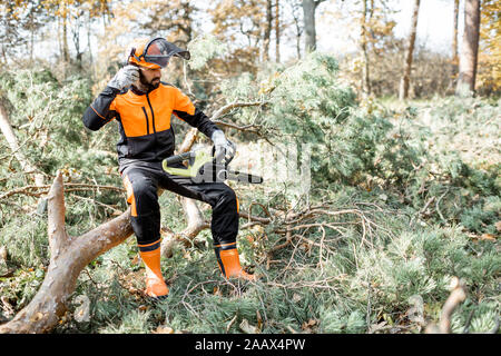 Portrait of a professional lumberman in protective workwear sitting with a chainsaw on the felled tree, resting after the hard work in the forest Stock Photo