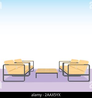 Wooden Chairs and table on blue gradient background. Living room interior design. Vector Illustration Stock Vector