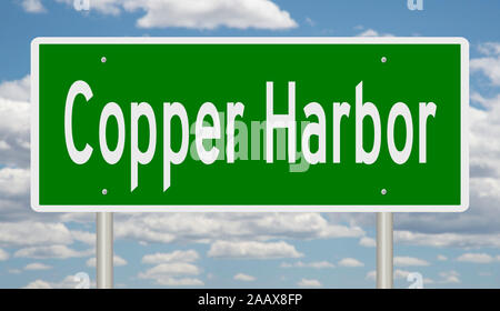 Rendering of a green 3d highway sign for Copper Harbor in the Upper Peninsula of Michigan Stock Photo