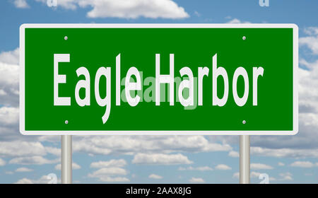 Rendering of a green 3d highway sign for Eagle Harbor in the Upper Peninsula of Michigan Stock Photo