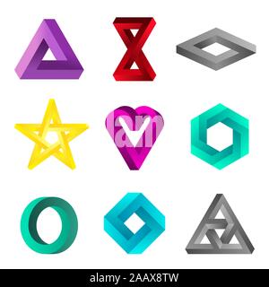 Impossible signs set. Colorful gradient infinite shapes. Impossible geometric figures. Optical illusion. Triangle, Infinity loop, rectangle, star. Stock Vector