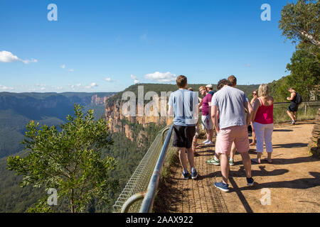 Tourists and hikers at Govetts leap in Blue mountains national park,New South Wales,Australia Stock Photo