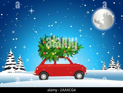 red car carry on christmas tree to decorate on big holiday in winter night,vector illustration Stock Vector