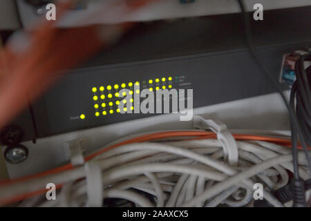 Rack Mounted Servers In A Server Room, close up Stock Photo