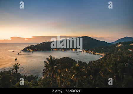 Sunrise Bottle Beach on Phangan Island Thailand Nature Coastline. Asian Exotic Tourist Seashore City, Jungle Forest and Climbs. Wonderful View from Hill on Sea. Bright Panoramic Photography Stock Photo