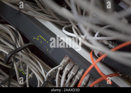 Rack Mounted Servers In A Server Room, close up Stock Photo