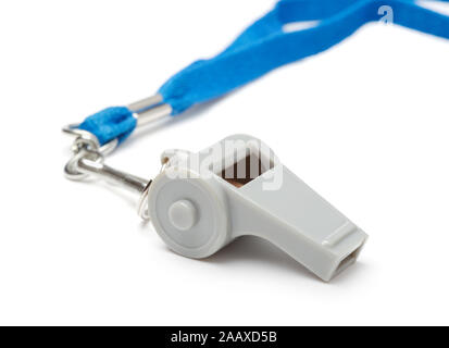 Coach gym whistle with blue cord isolated on white background. Stock Photo