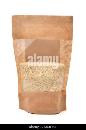 White sesame seeds in a plastic bag isolated on white background Stock Photo