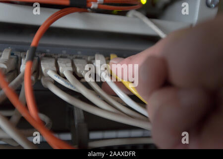 Rack Mounted Servers In A Server Room, close up Stock Photo