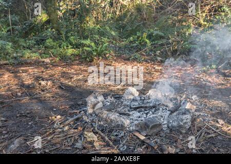 Smouldering wood ash remains from wood burning campfire set in a stone fire circle. Metaphor survival skills, camping outdoors, camp fire, bushcraft. Stock Photo