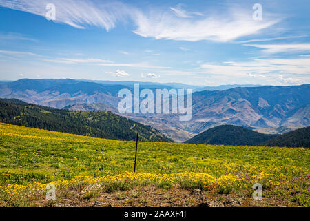 The Heaven's Gate Vista overlooks the Seven Devils Mountain and the Hells Canyon National Recreation Area in western Idaho. Stock Photo