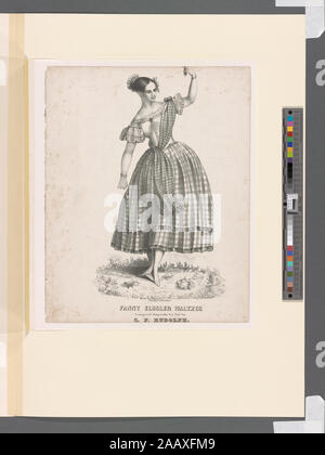 Fanny Elssler waltzes composed expressly for her by C F Rudolph Sheet music cover: Elssler slightly to left, looking right, left foot forward, left arm curved at shoulder level, holding castanets; wearing the cachucha costume turned into a plaid gown with a stole fastened at left shoulder and crossed to right hip.; Fanny Elssler waltzes composed expressly for her by C. F. Rudolph. Stock Photo