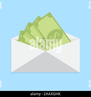 Wage in envelope, cash salary or financial compensation. Vector reward and finance bonus, cash bribe, extra wage illustration Stock Vector