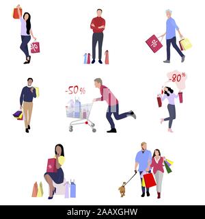 People with shopping bags, gifts and packs from retail and shop. Vector shop people, retail and store purchase, buyer with bag and cart illustration Stock Vector