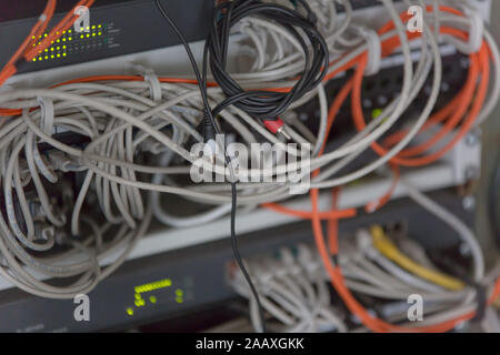 Rack Mounted Servers In A Server Room, close up Stock Photo