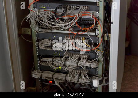 Rack Mounted Servers In A Server Room, close up Stock Photo
