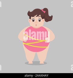 Big Fat woman worry wearing pink bikini Tape measure, Healthcare concept cartoon Healthy character flat vector design. Stock Photo