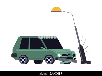 Car crash, vehicle hits streetlight, road accident isolated icon Stock Vector